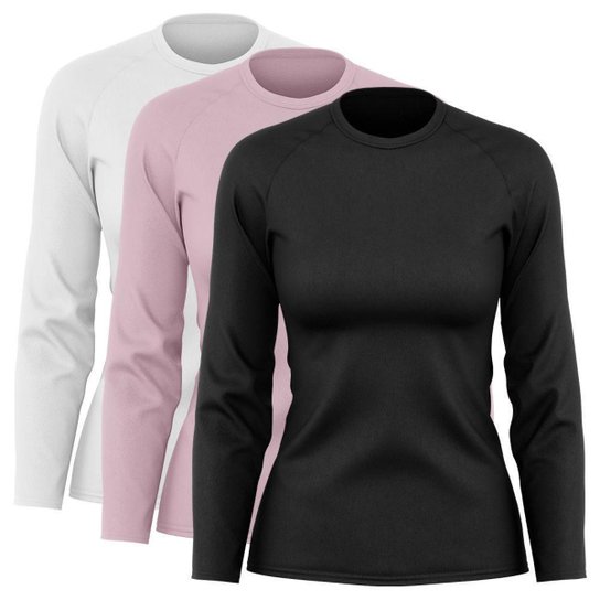 Kit 3 Blusas Feminina Dry Academia Camiseta Segunda Pele Manga Longa Proteção Solar UV