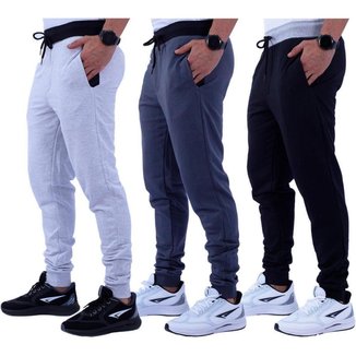 Kit 3 Calça Moletom/Moletinho Masculina MXD Conceito Cores Básicas Liso Slim Fitness Academia