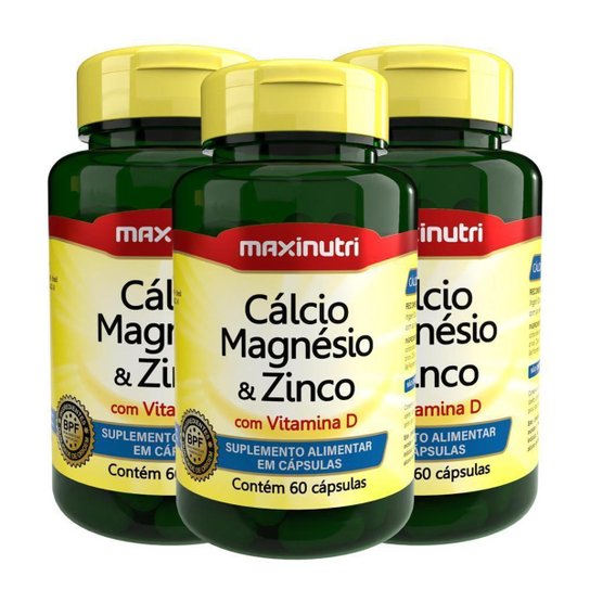 Kit 3 Cálcio Magnésio Zinco Vitamina D 60 Capsulas Maxinutri
