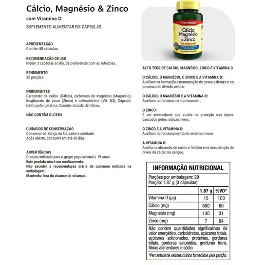 Kit 3 Cálcio Magnésio Zinco Vitamina D 60 Capsulas Maxinutri