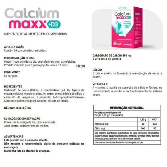 Kit 3 Calcium Maxx + D3 e Cálcio 60 Comprimidos Maxinutri