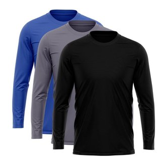 Kit 3 Camisetas Via Basic Manga Longa Dry UV Proteção Solar Masculina