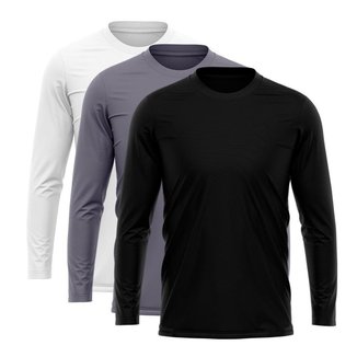 Kit 3 Camisetas Via Basic Manga Longa Térmica Dry UV Proteção Solar Masculina