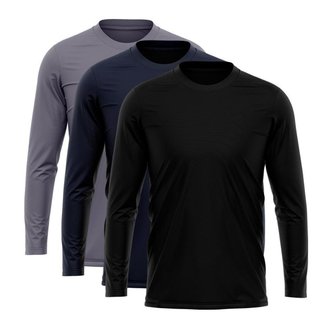 Kit 3 Camisetas Via Basic Manga Longa Térmica Dry UV Proteção Solar Masculina