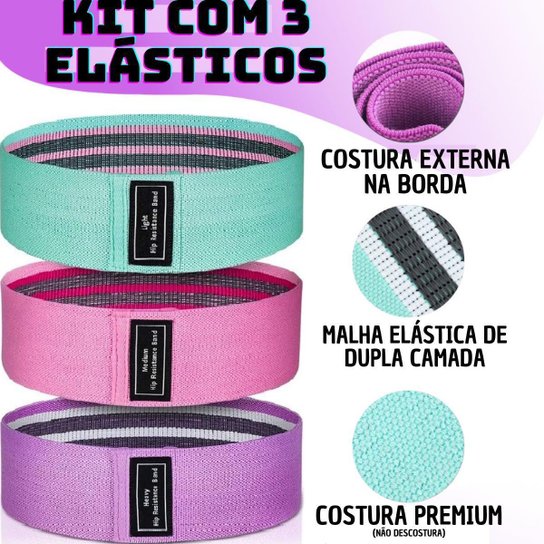 Kit 3 Faixas Elásticas Hip Band Thera Band Portatil exercicios em Casa Academia Pilates Yoga