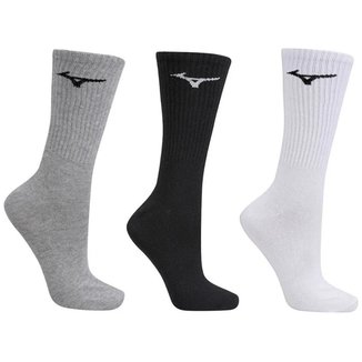 Kit 3 Pares Meia Mizuno Cano Alto Training Atoalhada Cinza/Branca/Preta MIMFTA51917