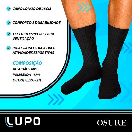 Kit 3 Pares Meias Lupo Cano Alto Longo Masculina Meia Feminina Algodão Calcanhar Verdadeiro Original