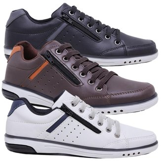 Kit 3 Pares Sapatênis Masculino Fechamento Elastico e Ziper