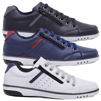 Kit 3 Pares Sapatênis Masculino Fechamento Elastico e Ziper