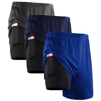 Kit 3 Shorts Masculino 2 em 1 Fitness Bermuda Para Treino