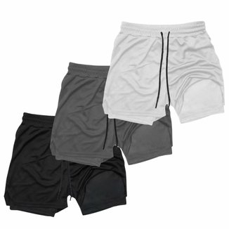Kit 3 Shorts Treino Dry Térmico 2 em 1 com Bolso para Cel. e Porta-Toalha Calção Fitness Academia