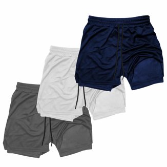 Kit 3 Shorts Treino Dry Térmico 2 em 1 com Bolso para Cel. e Porta-Toalha Calção Fitness Academia