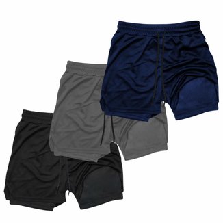 Kit 3 Shorts Treino Dry Térmico 2 em 1 com Bolso para Cel. e Porta-Toalha Calção Fitness Academia