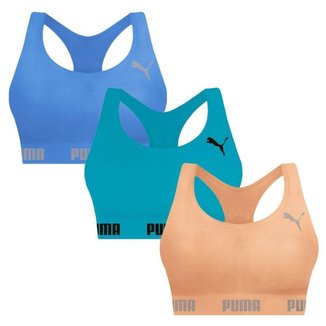 Kit 3 Tops Puma Nadador Sem Costura Feminino - Azul e Laranja GG