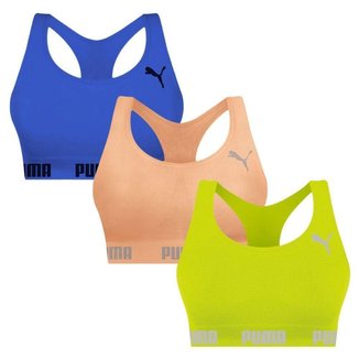 Kit 3 Tops Puma Nadador Sem Costura Feminino - Azul e Laranja M