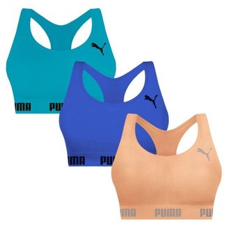 Kit 3 Tops Puma Nadador Sem Costura Feminino - Laranja e Azul GG