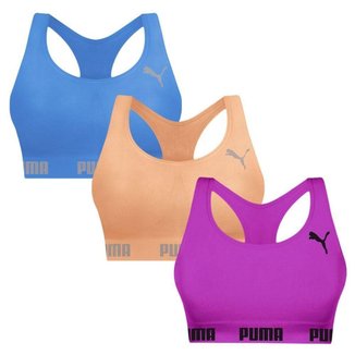Kit 3 Tops Puma Nadador Sem Costura Feminino - Laranja e Azul P
