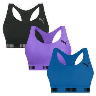 Kit 3 Tops Puma Nadador Sem Costura Feminino - Preto e Azul G