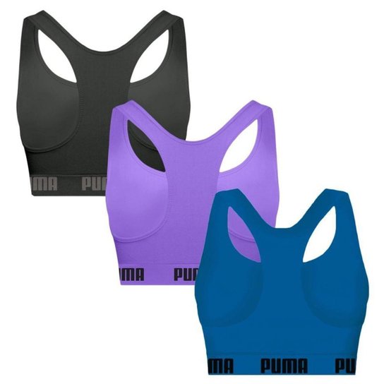 Kit 3 Tops Puma Nadador Sem Costura Feminino - Preto e Azul G