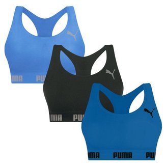 Kit 3 Tops Puma Nadador Sem Costura Feminino - Preto e Azul GG