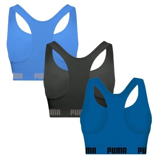 Kit 3 Tops Puma Nadador Sem Costura Feminino - Preto e Azul GG