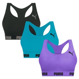Kit 3 Tops Puma Nadador Sem Costura Feminino - Preto e Azul M
