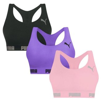 Kit 3 Tops Puma Nadador Sem Costura Feminino - Preto e Rosa GG