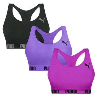 Kit 3 Tops Puma Nadador Sem Costura Feminino - Preto e Roxo G