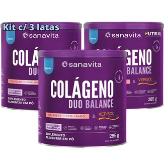 Kit 3X Colágeno Duo Balance Sanavita Hidrolisado Verisol e Ácido Hialurônico para Pele e corpo