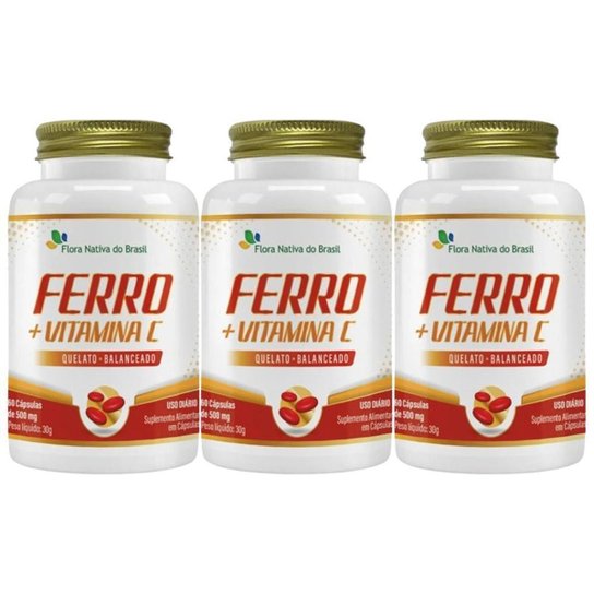 Kit 3x Ferro + Vitamina C 60 Capsulas 500mg Flora Nativa