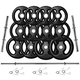 Kit 50Kg em Anilhas de Ferro com Barras de 40cm e Barra de 1,50m