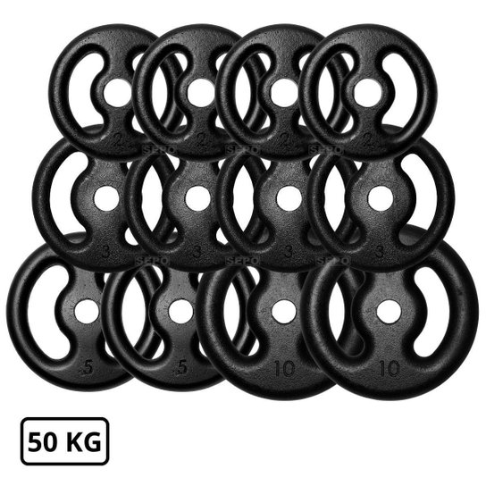Kit 50Kg em Anilhas de Ferro com Barras de 40cm e Barra de 1,50m