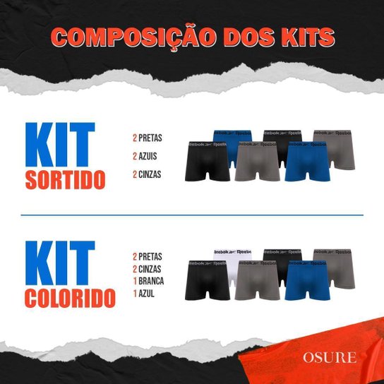 Kit 6 Cuecas Boxer Reebok Cueca Poliéster Masculina Box Sem Costura Original