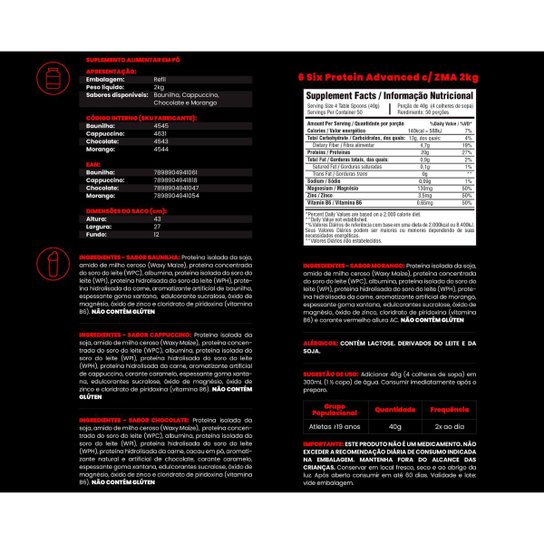 KIT 6 Six Whey Protein com ZMA 2kg + Creatina 100g + BCAA 100g Bodybuilders