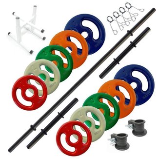 Kit Anilhas Emborrachadas 30kg + 3 Barras E Suporte Anilhas