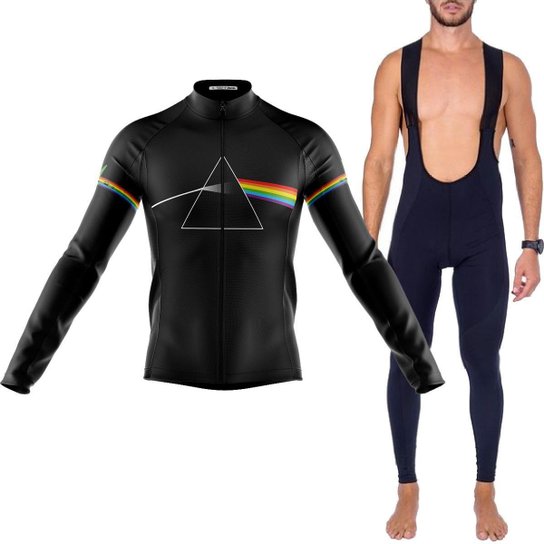 Kit Bretelle Ciclismo Forro Gel e Camisa Pink Floyd Manga Longa Proteção Uv