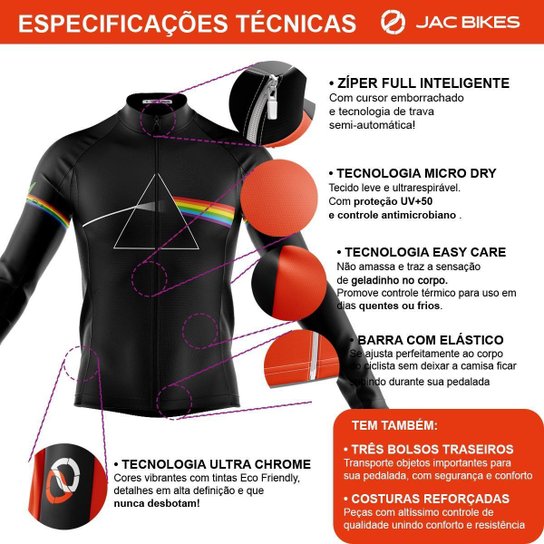 Kit Bretelle Ciclismo Forro Gel e Camisa Pink Floyd Manga Longa Proteção Uv