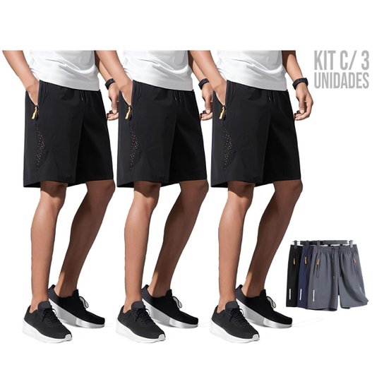 Kit c/ 3 Bermudas CORRIDA Academia Bolso Zíper Tecido Gelado com Elastano 952