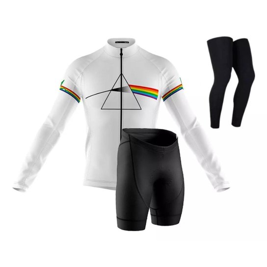 Kit Camisa Ciclismo Pink Floyd Branco Manga Longa Bermuda Forro Gel e Pernito