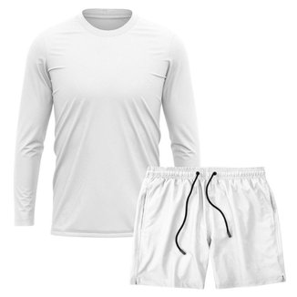 Kit Camiseta Manga Longa Dry Branca + Short Tactel Academia Caminhada Gênero:Homem;Tamanho:G;Cor: