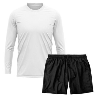 Kit Camiseta Manga Longa Dry Branca + Short Tactel Academia Caminhada Gênero:Homem;Tamanho:G;Cor: