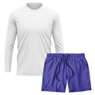 Kit Camiseta Manga Longa Dry Branca + Short Tactel Academia Caminhada Gênero:Homem;Tamanho:G;Cor: