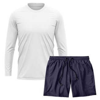 Kit Camiseta Manga Longa Dry Branca + Short Tactel Academia Caminhada Gênero:Homem;Tamanho:G;Cor: