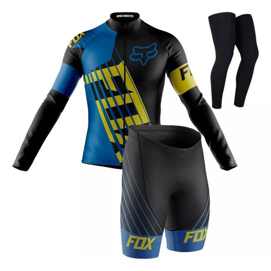 Kit Ciclismo Fox Azul Camisa Manga Longa Bermuda Forro Gel Pernito