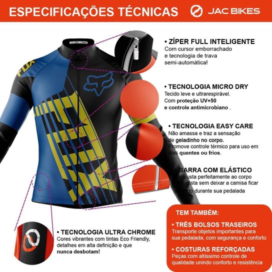 Kit Ciclismo Fox Azul Camisa Manga Longa Bermuda Forro Gel Pernito