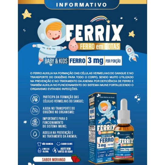 Kit Com 2 FERRIX Suplemento de Ferro em Gotas Kids 30ml Flora Nativa