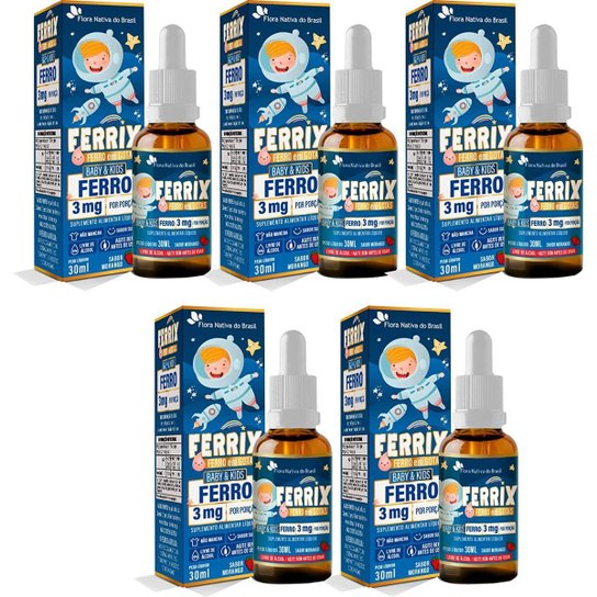 Kit Com 5 FERRIX Suplemento de Ferro em Gotas Kids 30ml FNB