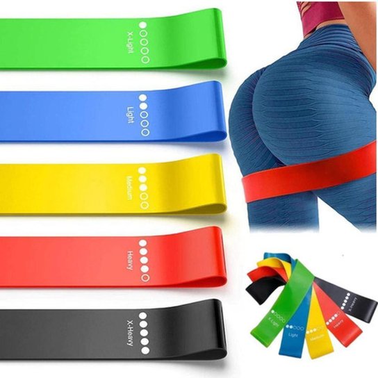 Kit Completo Mini Band 5 Faixas Elásticas Leve a Extra Forte Para Fortalecimento Muscular