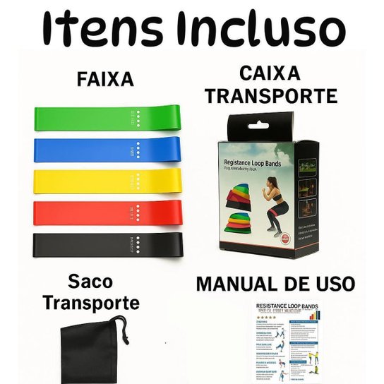 Kit Completo Mini Band 5 Faixas Elásticas Leve a Extra Forte Para Fortalecimento Muscular