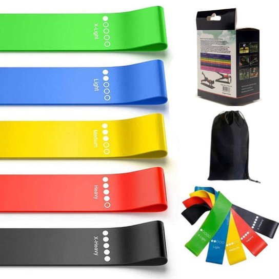 Kit Completo Mini Band 5 Faixas Elásticas Leve a Extra Forte Para Fortalecimento Muscular